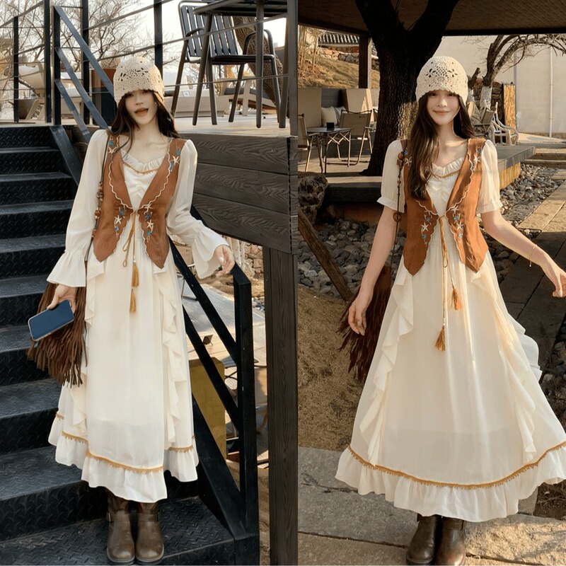 Aimeiyue~ Plus-Size Women's Clothing Amber Walnut Retro Faux Two-Piece Denim Velvet Long Skirt Vacation Dress