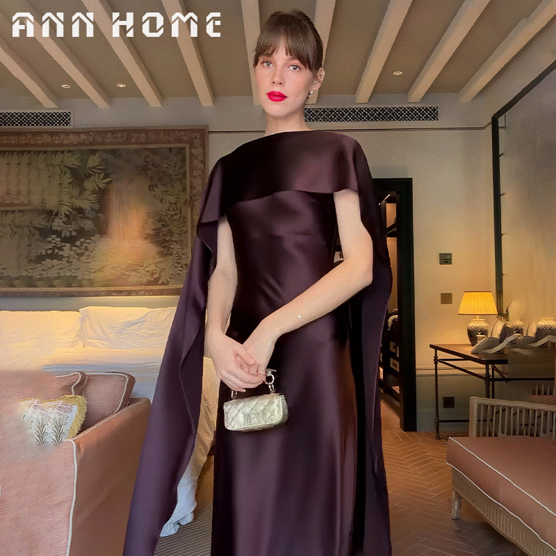 Bai Anjia【Violet】French-Style Elegant Backless Purple Satin Dress with a Cinched Waist, Slimming Long Dress with a High-End Feel Bai Anjia【Violet】French-Style Elegant Backless Purple Satin Dress with a Cinched Waist, Slimming Long Dress with a High-End Feel