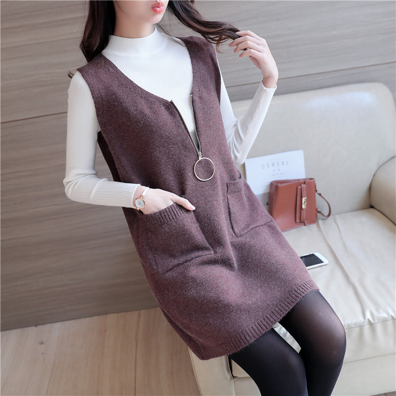 Mùa xuân và mùa thu Hàn Quốc mới nửa lỏng cổ áo cao rắn màu áo túi áo hai mảnh phụ nữ áo len váy shop đầm cho người mập lùn