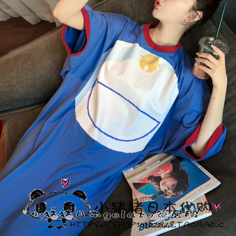Japanese Gelato Dingy Cat Sleeping Dress Woman Summer Cute Cartoon Pure Cotton Loose Large Size Thin and Sleeping Clothes Home Clothes