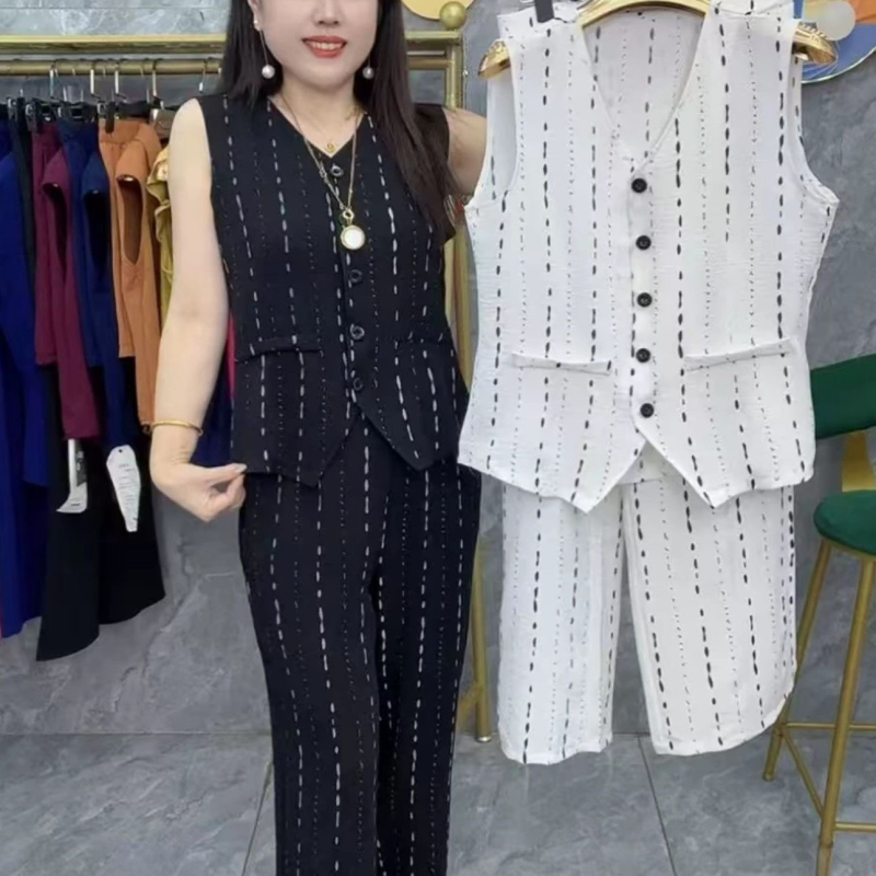 New Striped Suit for Women 2026 Summer Elegant Slimming Sleeveless Top Vest Wide-Leg Long Pants Two-Piece Set New Striped Suit for Women 2026 Summer Elegant Slimming Sleeveless Top Vest Wide-Leg Long Pants Two-Piece Set