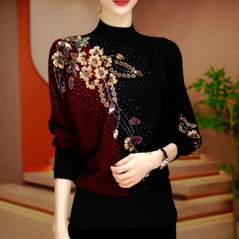 Elegant and Fashionable Plus-Size Loose-Fitting Printed Rhinestone Knit Sweater, Slimming and Covering the Body, Casual Pullover Half-Turtleneck Sweater