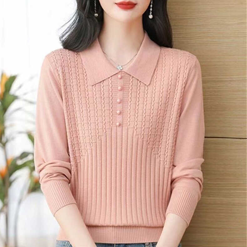 High-End Autumn Clothing, New Design Beaded Knit Top, Stylish Polo Collar, Age-Reducing Mother's Wear, Long-Sleeved Sweater High-End Autumn Clothing, New Design Beaded Knit Top, Stylish Polo Collar, Age-Reducing Mother's Wear, Long-Sleeved Sweater