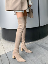 2022 spring new womens shoes European and American pointed coarse heel high heel shoe elastic boots over knee long boots slim skinny boots