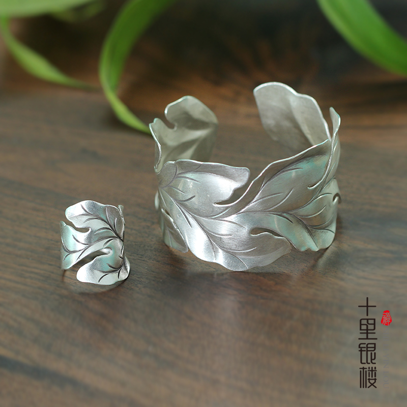 S925 pure silver ornament retro handmade Thai silver bracelet ring lady wide face Leaf Exaggerated bracelet Ring Opening