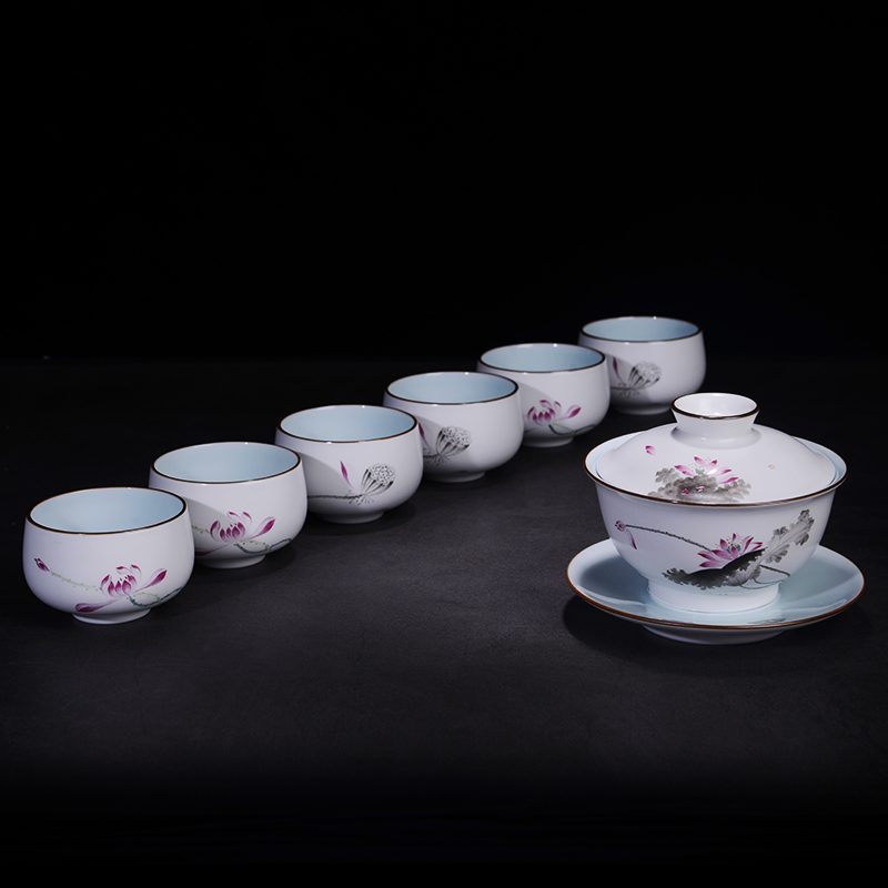 Jingdezhen ceramic kung fu tea set hand - made pastel three only three fort tea tureen large bowl cups to restore ancient ways