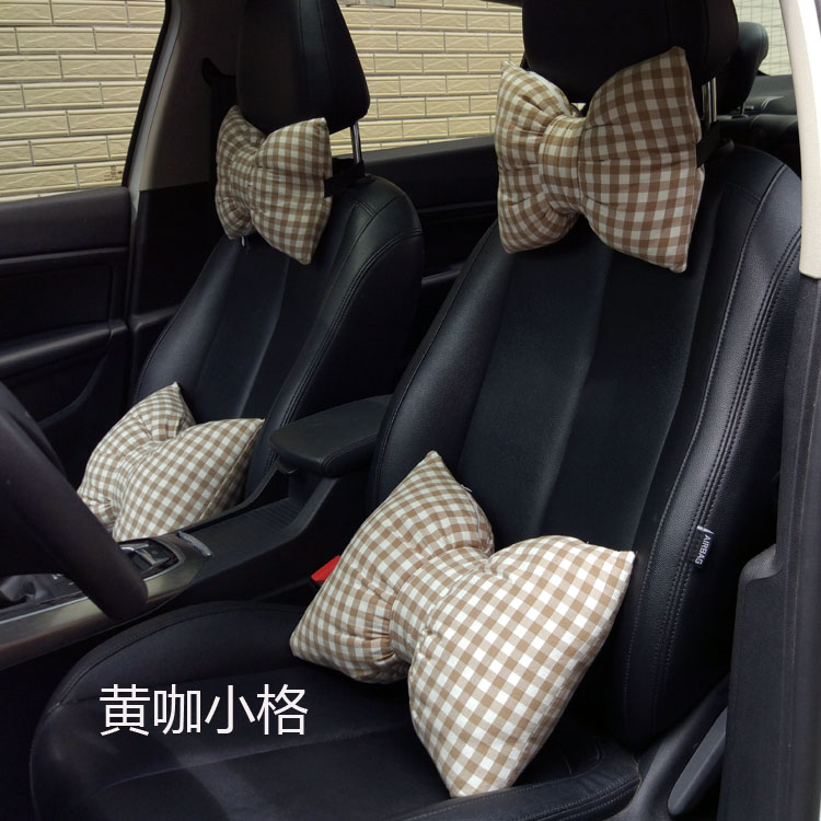 Full cotton plaid female bow tie car head pillow daisy neck pillow No print washed cotton waist rests with pillow cute cuddle-Taobao