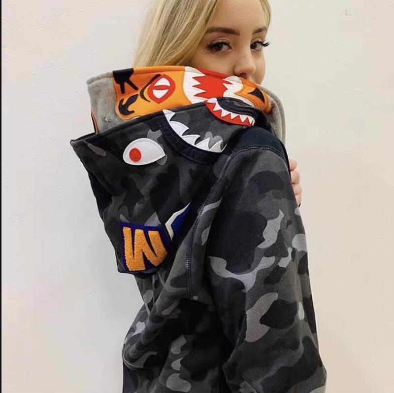 Japanese Trendy Brand Shark Double-Hood Camouflage Sweatshirt Casual Zip-Up Hoodie Unisex Fleece Jacket Couple Style