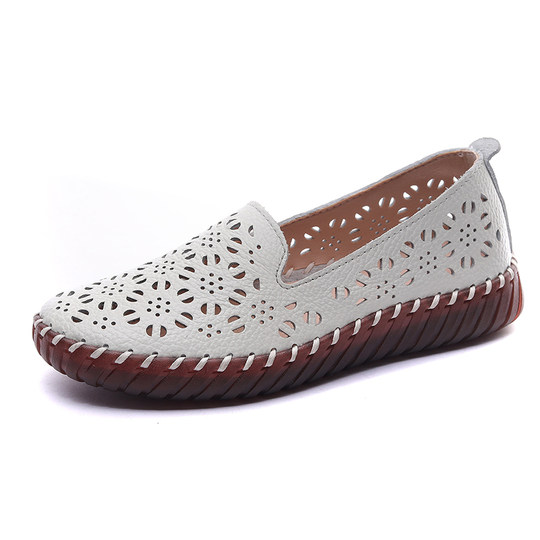Genuine Leather Mother's Shoes for Women, Soft Sole, Comfortable and Lightweight, Hollowed-Out Design, Women's Leather Shoes, Sandals, Summer Flats