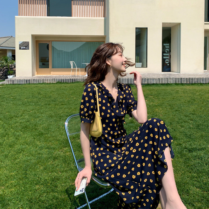 Broken Floral Dress Woman 2022 Summer new sweet and small daisy French style design Feeling Thin Dress Snowspun Long Skirt Woman