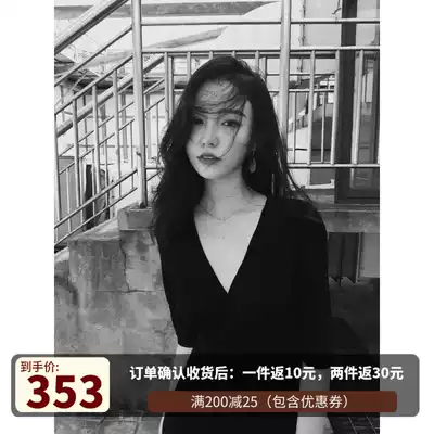 2021 summer new black dress women waist thin temperament resort wind one piece V-neck thin dress women