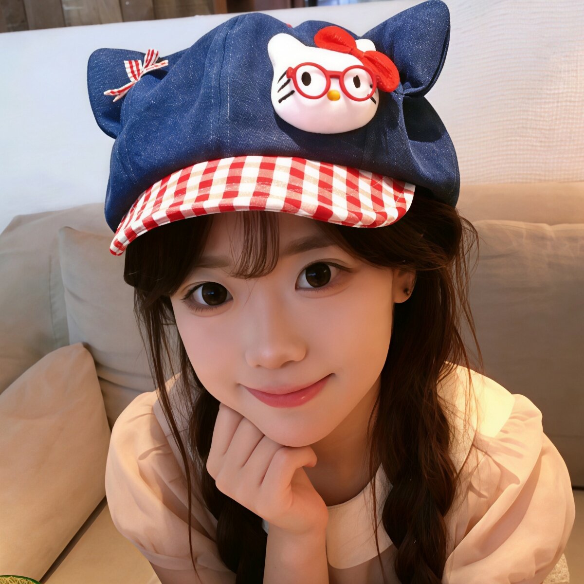 日本のかわいいハローキティデニムベレー帽（女性用）、2026年新作、日よけ八角形帽子、小顔効果のある雲模様の帽子。