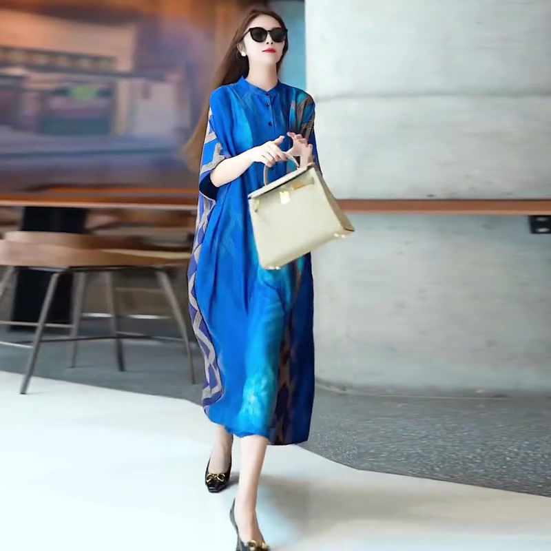 Heavyweight Silk Mulberry Silk Fashion Button Design Stylish Print Elegant Loose Long Dress for Women Summer Heavyweight Silk Mulberry Silk Fashion Button Design Stylish Print Elegant Loose Long Dress for Women Summer