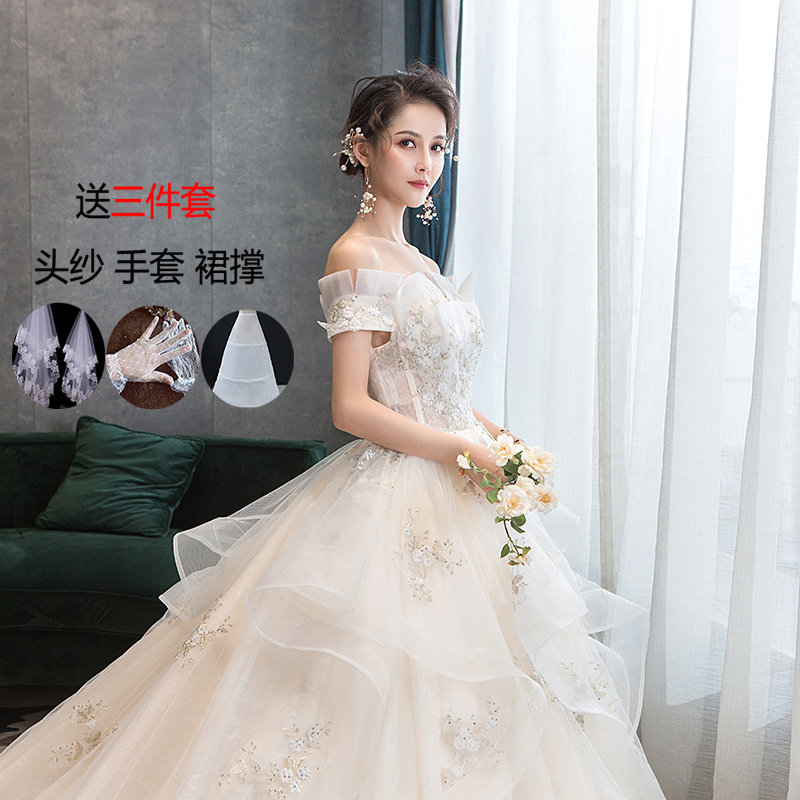 Wedding 2020 mới kéo đuôi khí cô dâu tay Sen dòng siêu cổ tích giấc mơ bìa 2019 một từ vai người phụ nữ Pháp