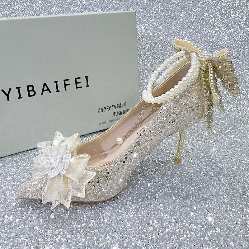 Xiuhe Wedding Dress Two-Way Wear Wedding Shoes 2026 New Model Stunning Glass Rhinestone Sequin High Heels Champagne Color Stiletto Shoes