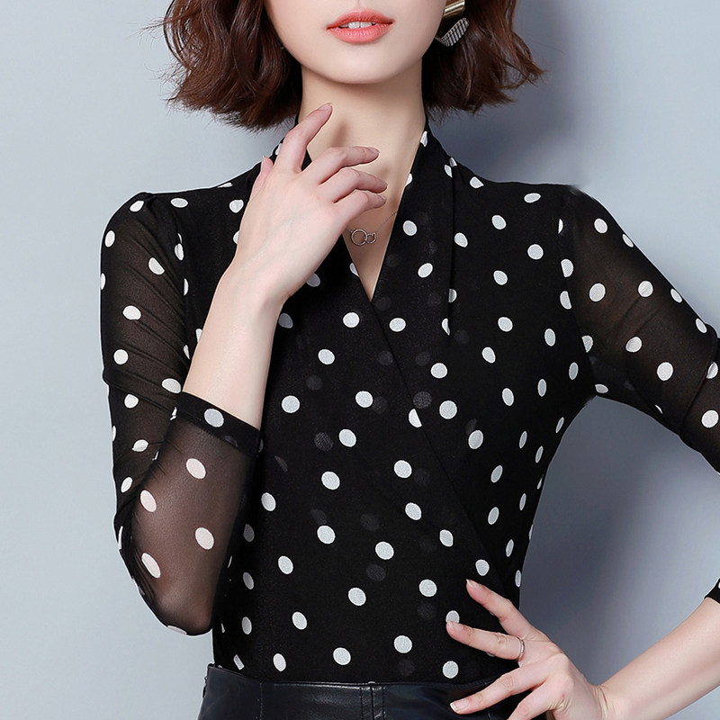 Wave Dot Mesh Yarn Latin Dance Blouses Women's Square Dance Costumes Morden Dance Social Dance Long Sleeve Dance Practice Suits