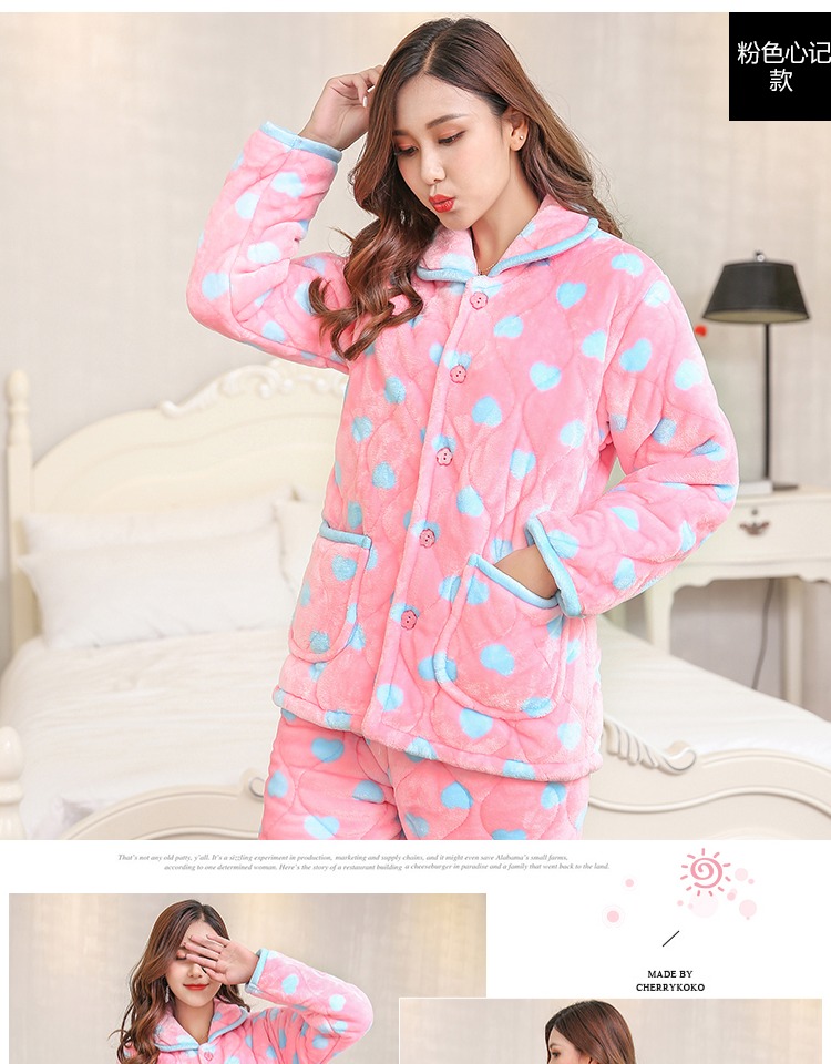 Đồ ngủ nữ mùa đông dày flannel ba lớp chần ấm áp phiên bản Hàn Quốc của dịch vụ nhà lông cừu san hô có thể được mặc đồ mặc nhà cho cả gia đình