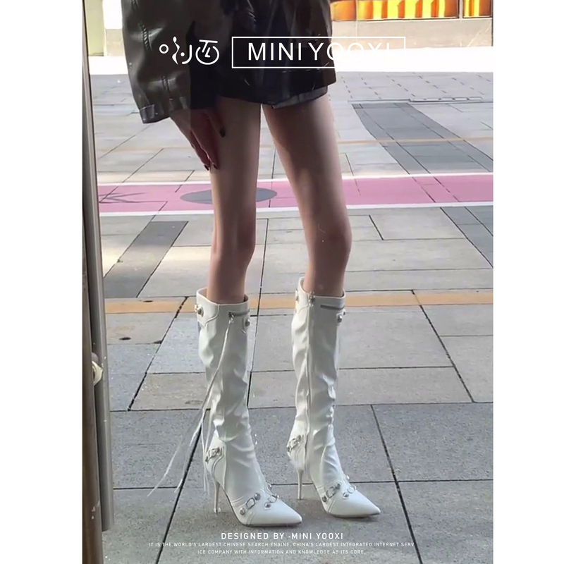 Rivet Pointed Toe Boots White Hot Girl Boots Women's Boots 2026 New Stiletto High Heel Boots High Tube Boots Riding Boots