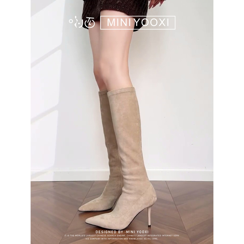 Pointed-Toe High Heels 2026 Autumn and Winter New Versatile Apricot Suede Over-The-Knee High Boots with Stiletto Heel and Side Zipper Long Boots