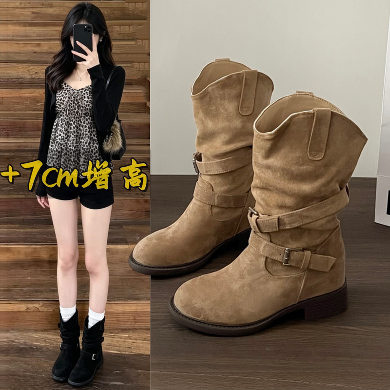 Short Boots for Petite Women with Chunky Heels and 7cm Hidden Height Increase, New Autumn Retro Western Mid-Calf Riding Boots Short Boots for Petite Women with Chunky Heels and 7cm Hidden Height Increase, New Autumn Retro Western Mid-Calf Riding Boots
