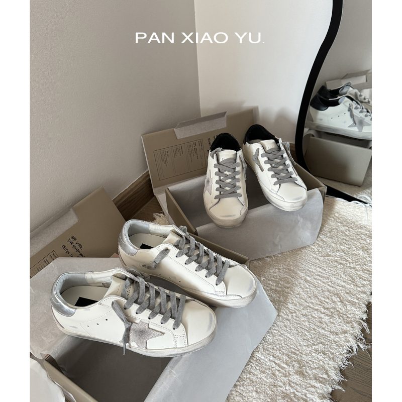 Top Version 2026 Korean Dirty Shoes for Men and Women, Genuine Leather, Vintage Distressed, Star Design, Height-Increasing, Silver-Black Tail, Dirty White Sneakers