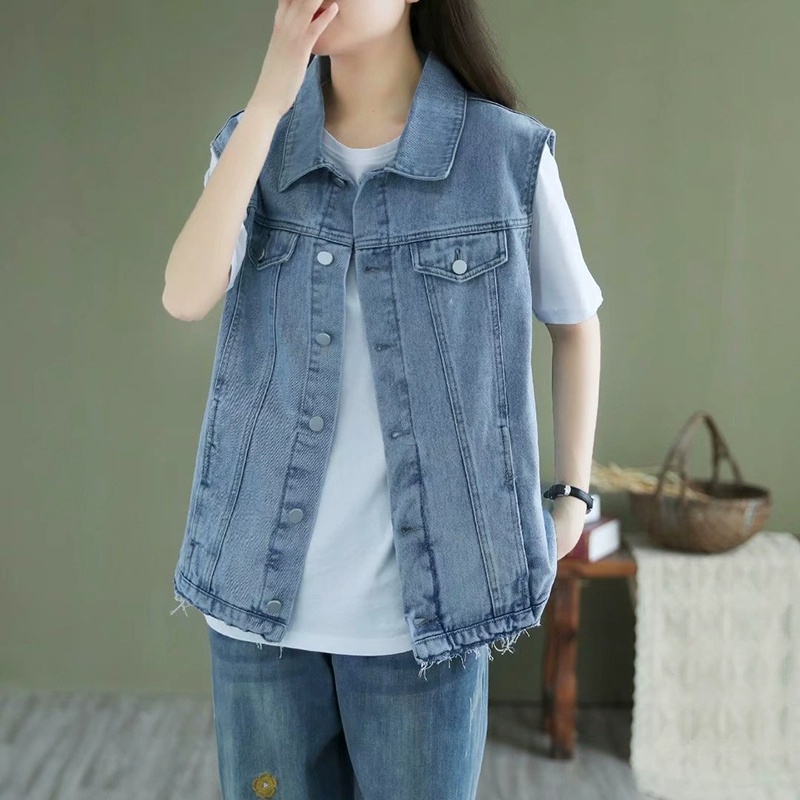 Áo khoác denim không tay của phụ nữ mùa xuân và mùa hè, áo vest nữ rộng rãi, hoang dã, mỏng, thường, khóa kim loại, áo khoác denim đồng màu - Áo vest