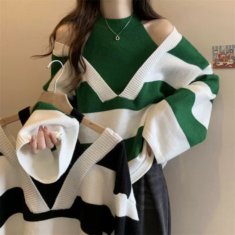 Plus-Size Lazy Style Striped Off-Shoulder Halter Neck Knit Top for Women, Autumn Loose Fit Slimming Hot Girl Base Shirt Top Plus-Size Lazy Style Striped Off-Shoulder Halter Neck Knit Top for Women, Autumn Loose Fit Slimming Hot Girl Base Shirt Top