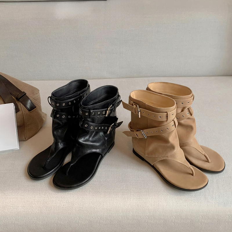 5cm Internal Height Increase~Retro Thong-Toe Leather Buckle Sandals for Women 2026 New Super Popular Bootie Style Roman Sandals