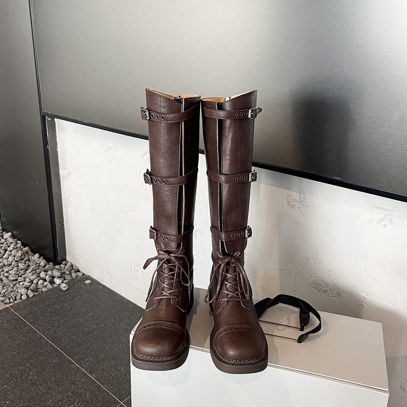 Cowhide Version~ Amiu's Fashion Boots for Women 2025 New Retro Knight Boots with Melard Belt Buckle Long Boots