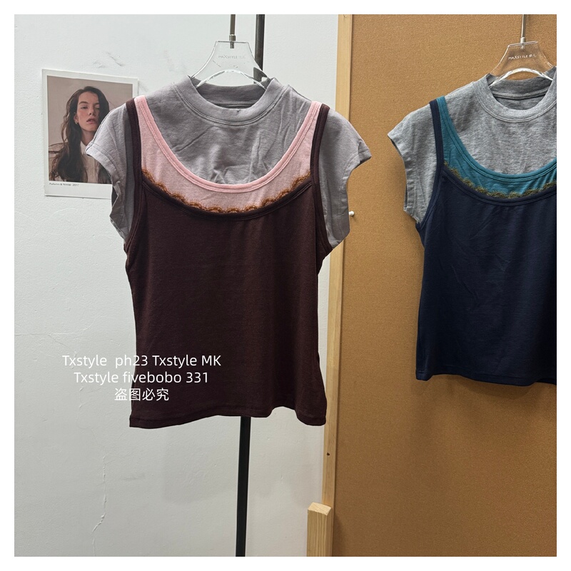 Txstyle Spring New Style 2026 Round Neck Short-Sleeved T-Shirt Women's Lace Suspender Fake Two-Piece Slim Fit Top 30189
