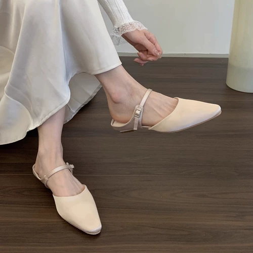 Французские полутапочки Baotou, женские летние 2025, атласные сандалии и шлепанцы «Мэри Джейн» на толстом каблуке с ремешком