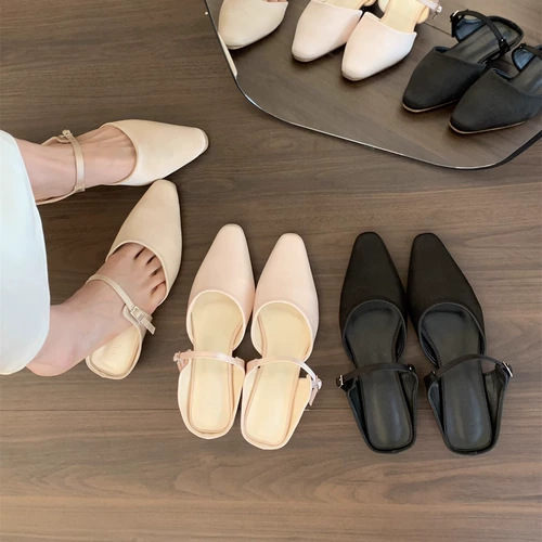 Французские полутапочки Baotou, женские летние 2025, атласные сандалии и шлепанцы «Мэри Джейн» на толстом каблуке с ремешком