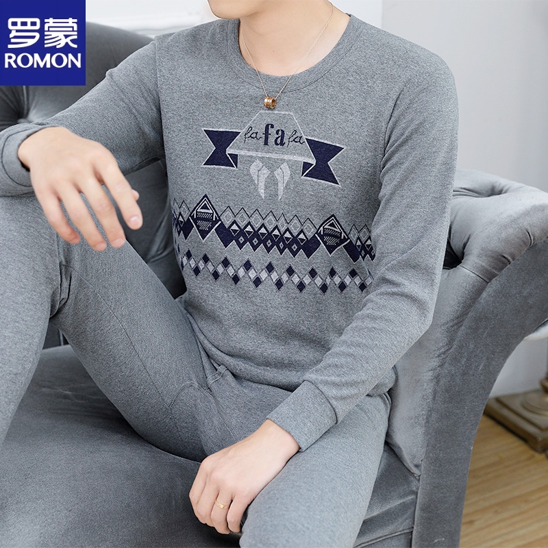 Romon Brand Thermal Underwear for Men, Round Neck, New Autumn Clothes and Pants, Pure Cotton Base Layer, All-Cotton Jacquard Set