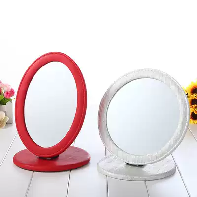 Big red wedding mirror desktop PU leather oval makeup mirror HD makeup mirror wedding supplies