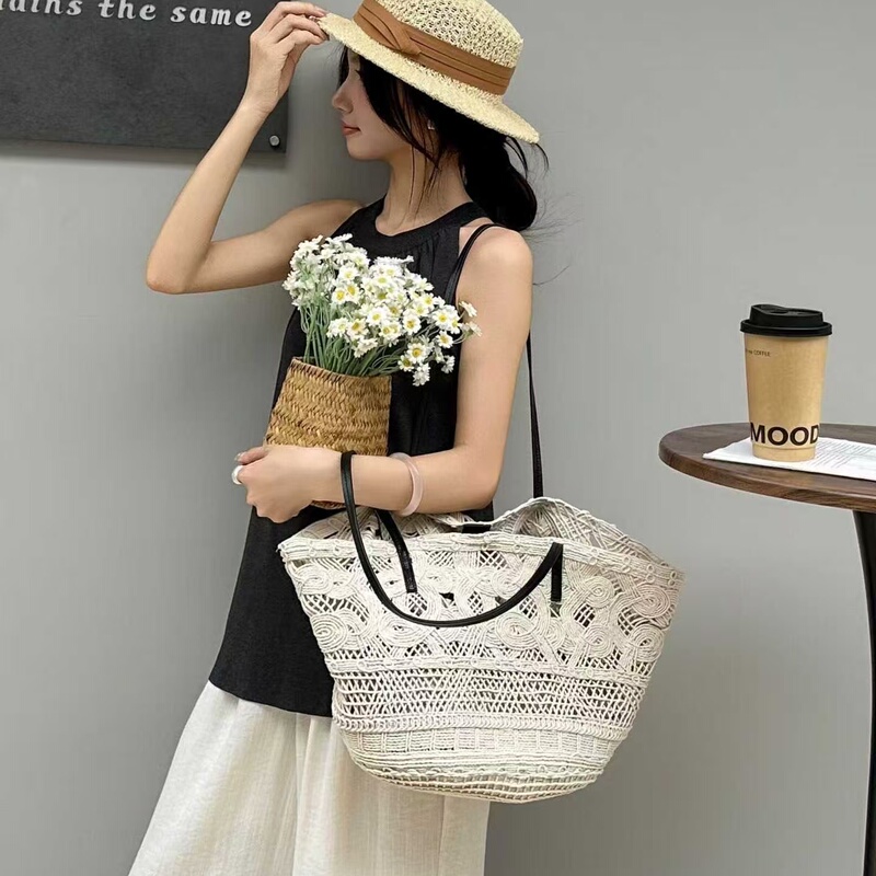 European Style Women's Leather Handbag with Waxed Rope, High-End Straw Woven Tote Bag, Hand-Woven Shoulder Bag, Large Underarm Bag for Vacation and Beach