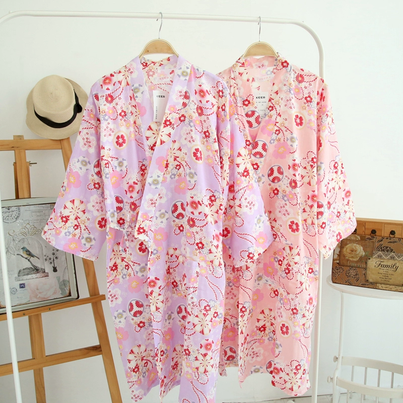 Phụ nữ cotton gạc đêm váy áo cardigan mỏng đồ ngủ váy ngủ thẩm mỹ viện Nhật Bản kimono yukata tại nhà kích thước lớn - Night Robe