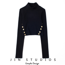 JIN homemade 21 autumn and winter small high neck side button slim high waist long sleeve T-shirt thin base shirt top