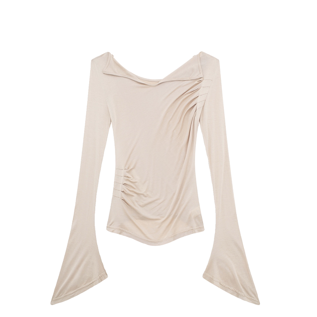 JIN homemade 2024 ພາກຮຽນ spring pure lust hot girl style asymmetric pleated bell sleeve T-shirt slim and versatile slim top short