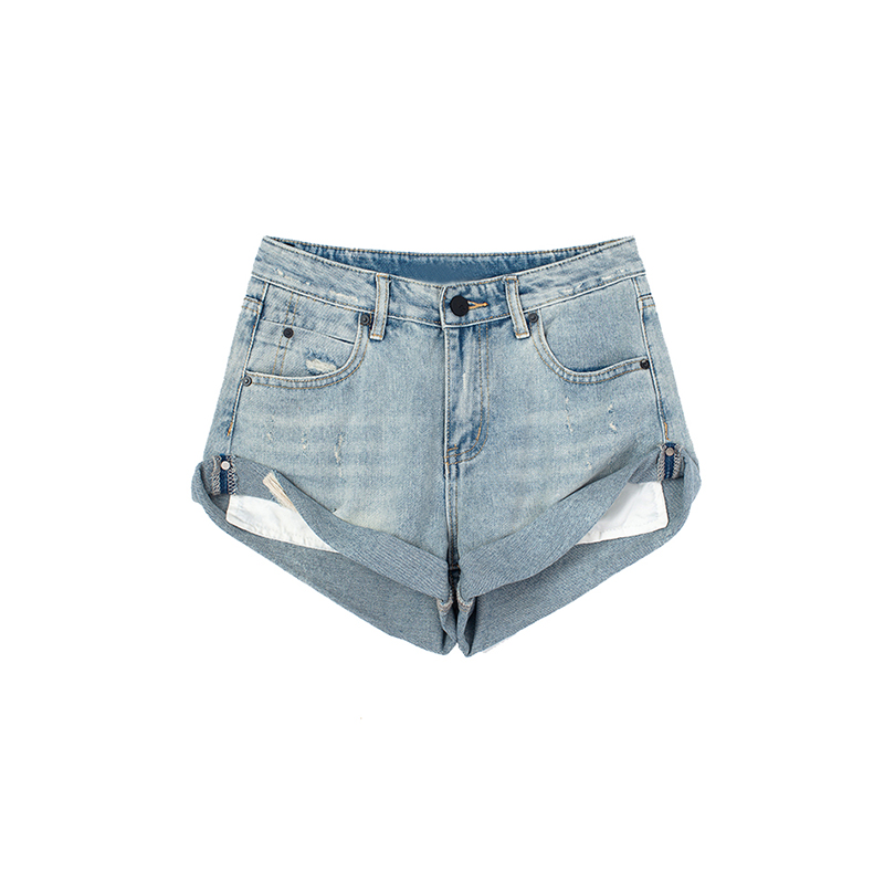 JIN thiết kế tự chế cảm giác lật rộng chân quần short denim phụ nữ 19 mùa xuân / hè 100 hiển thị nền tảng mỏng giản dị quần nóng