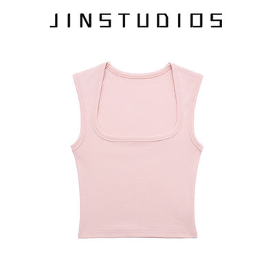 JIN's self-made 2026 Spring/Summer American retro deep square neck wide shoulder strap vest, slimming ultra-short spice girl top as the base layer