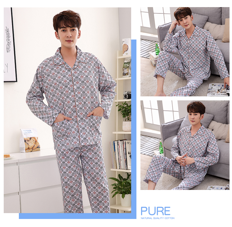Bộ đồ ngủ cotton nam dài tay mùa xuân và mùa thu dệt bằng cotton cộng với phân bón XL dịch vụ tại nhà bộ khủng long dễ thương