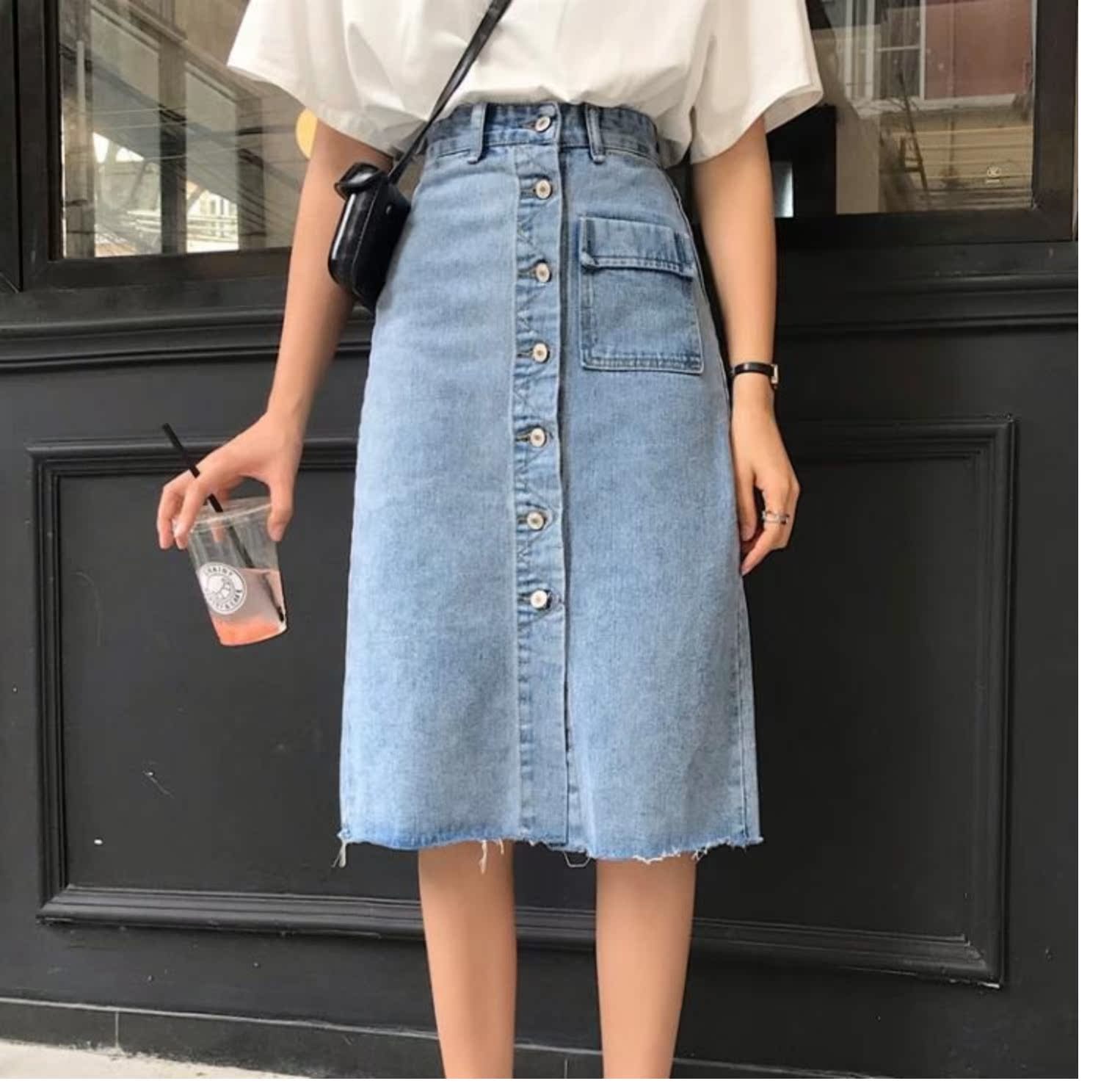Váy denim nửa dài mùa hè 2019 mới váy đơn ngực nữ dài phần một chữ váy eo cao nữ qua đầu gối - Váy chân váy đẹp hàn quốc