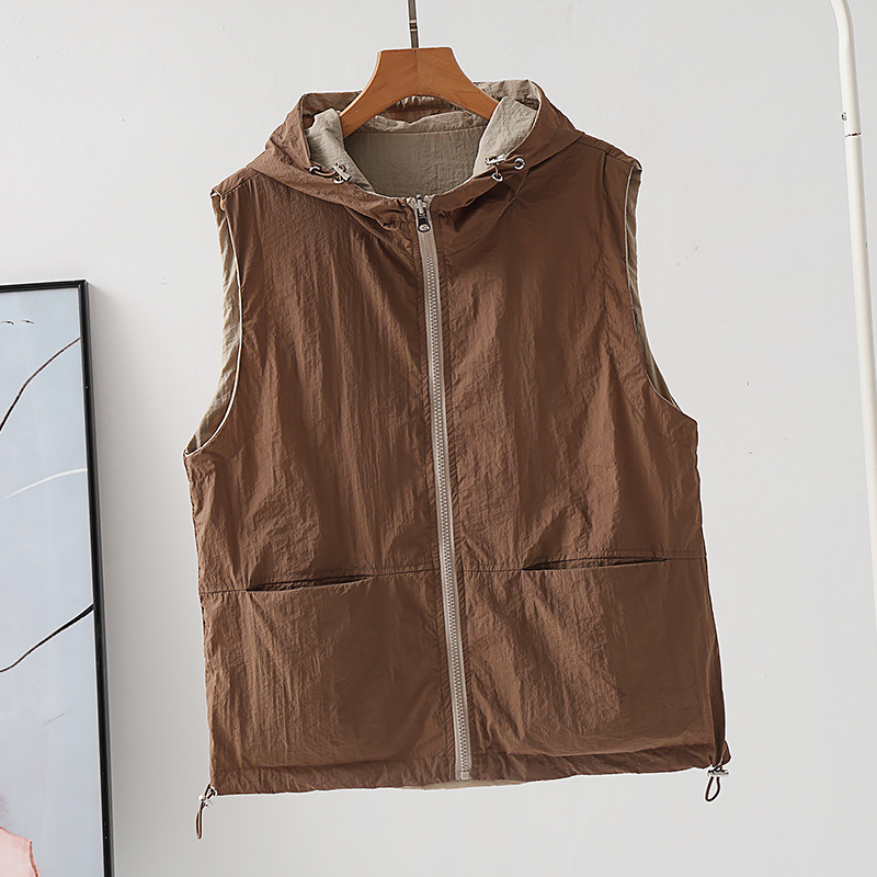 Reversible Hooded Vest for Women, Summer Loose Breathable Sun Protection Versatile Sleeveless Jacket, Spring and Autumn Fashion Casual Top