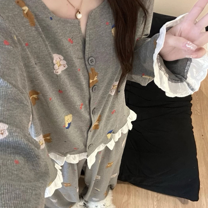 Victoria Pure Cotton Pajamas 2026 New Autumn Sweet Lace Gray Bear Long-Sleeved Home Wear Set