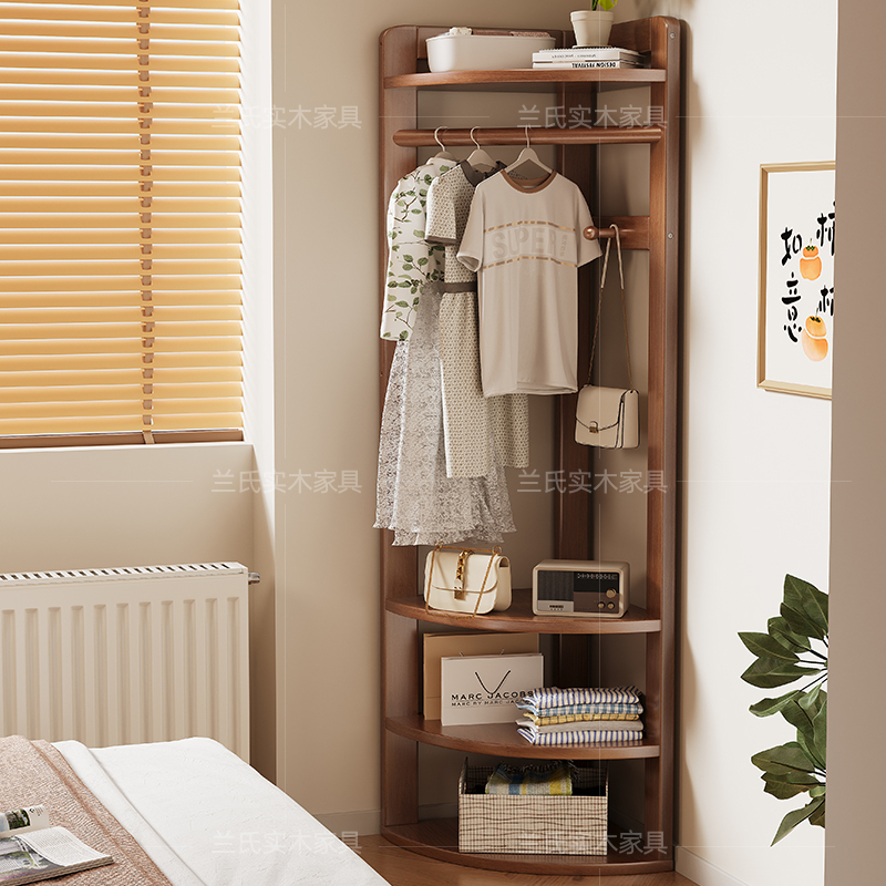 Solid Wood Corner Coat Rack, Floor-Standing Bedroom Clothes Rack, Household Clothes Rack, Small Apartment Bedside Corner Storage Rack