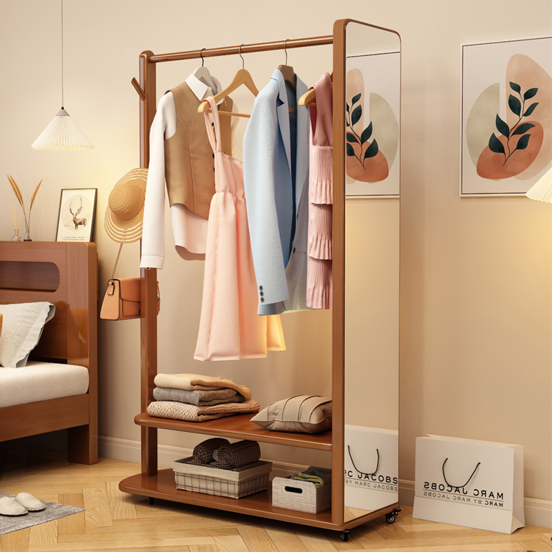 Solid Wood Coat Rack with Full-Length Dressing Mirror, Integrated Movable Clothes Rack, Floor-Standing Bedroom Storage Rack for Home Use