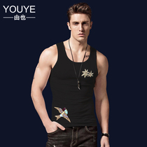 Large size vest trend mens summer pure cotton black breathable Chinese style flower and bird embroidery slim casual bottoming personality