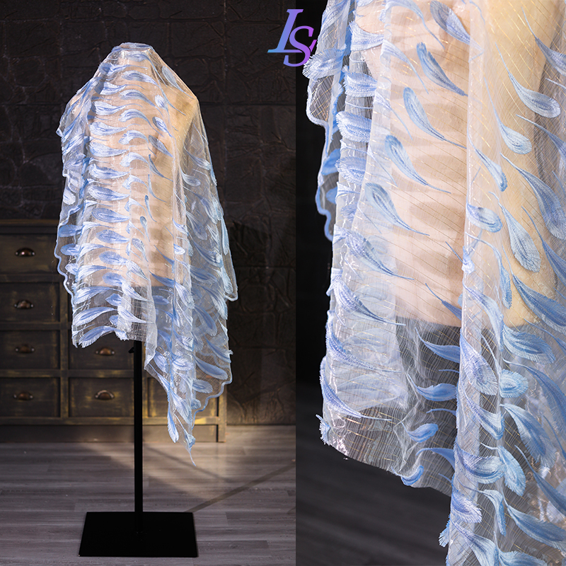 Light Blue Feathered Gold-Thread Embroidery Mesh Fabric High-End Wedding Dress Gown Designer Fabric