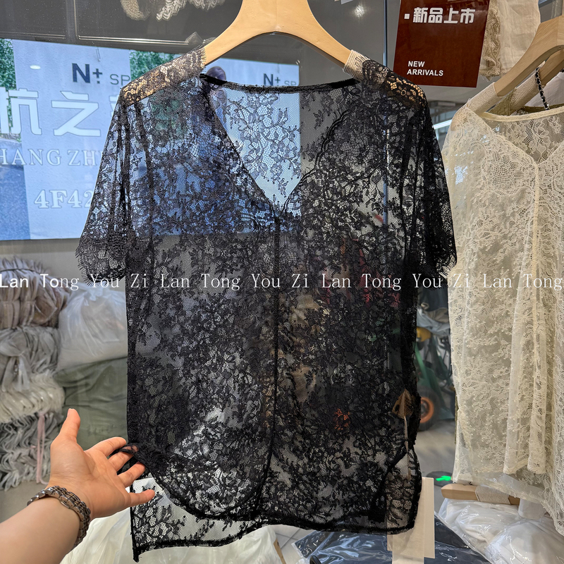 High-End European-Style V-Neck Lace Blouse for Women, 2026 Summer New Short-Sleeve Sheer Versatile Slim-Fit Base Shirt Top
