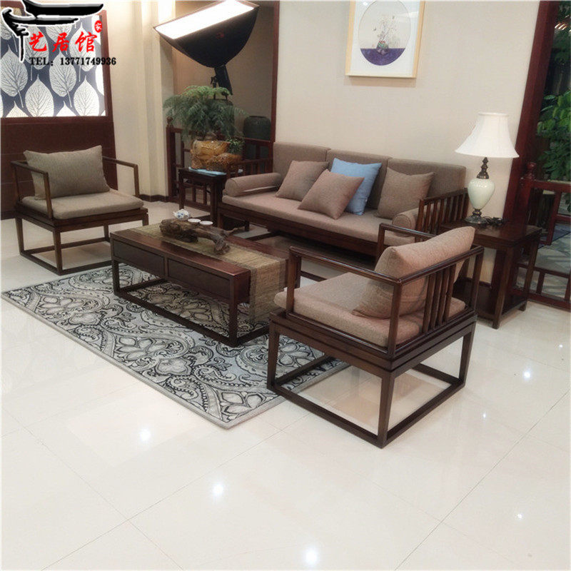 New Chinese style living room Zen solid wood sofa combination hotel club model room simple furniture modern fabric sofa - Taobao